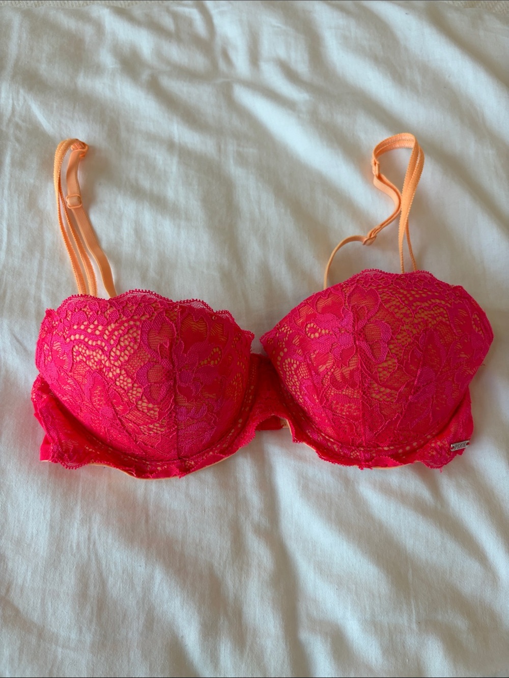 PINK Victoria's Secret Hot Pink Lace Bra with Peach Straps